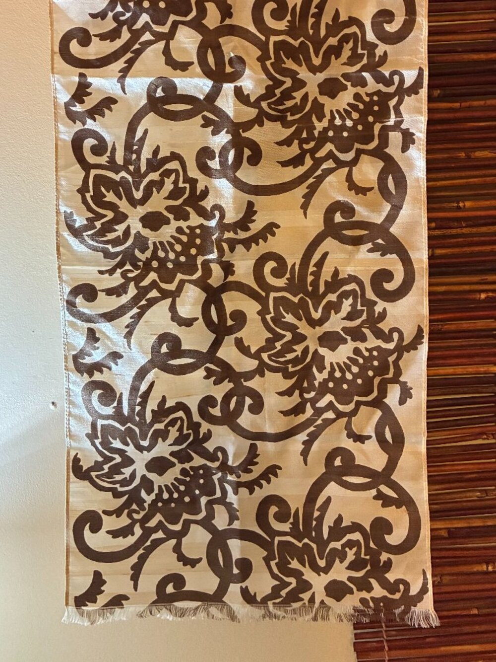 Ivory and Brown Silk Rectangular Scarf - Damask Print - Victorian, Dark Academia